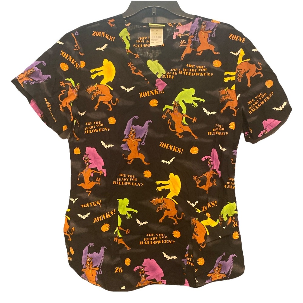Scooby Doo Halloween Scrub Top Women's Size Medium Cotton Black Zoinks Pumpkin